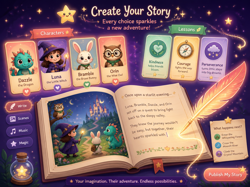 A magical story-creation interface with character cards and an open storybook.