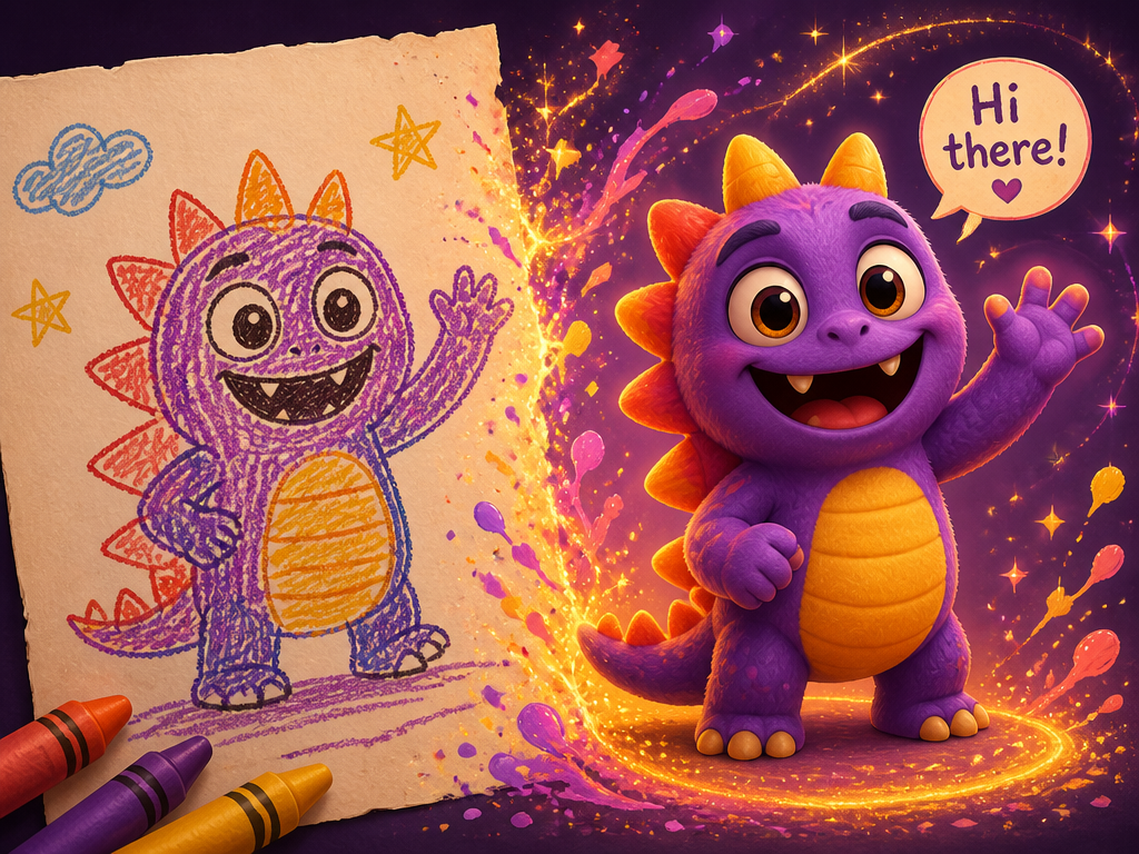 A child's crayon doodle transforms into a friendly 3D cartoon character.