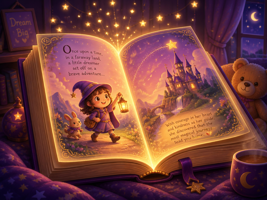 An enchanted open storybook glowing with warm bedtime light.