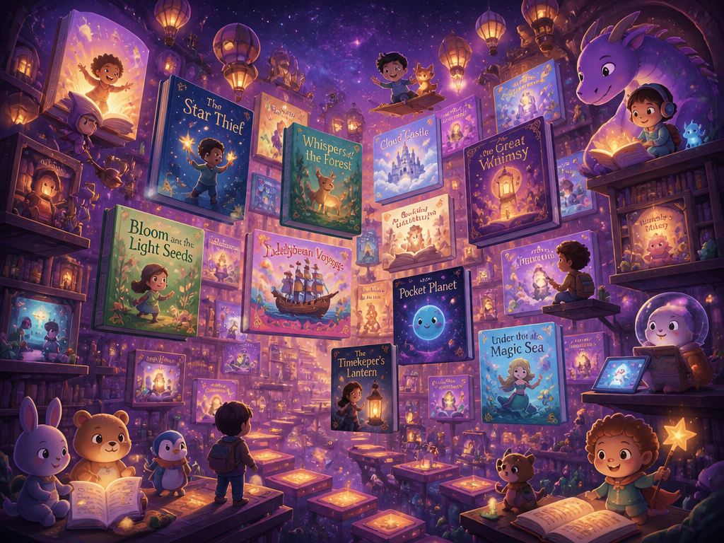 An endless magical library of floating storybooks and characters.